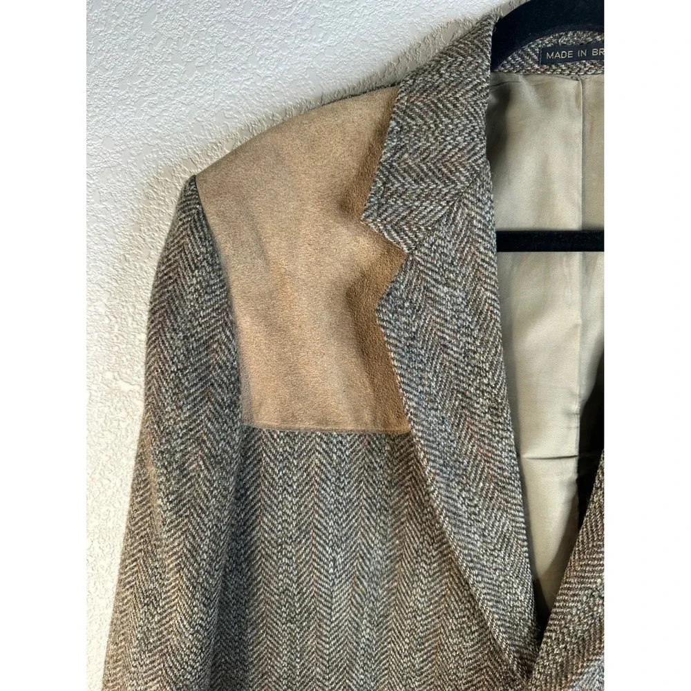 Harris Tweed Men's Brown Herringbone Tweed Suede Patch 100% Wool Blazer Jacket L
